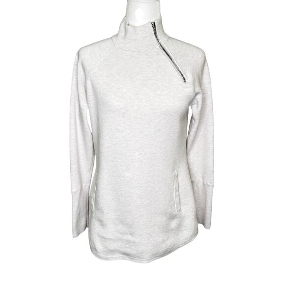 Tahari Ivory Gray Mock Turtleneck Tunic Sweater Pockets Zipper Detail Womens SM - Picture 1 of 9